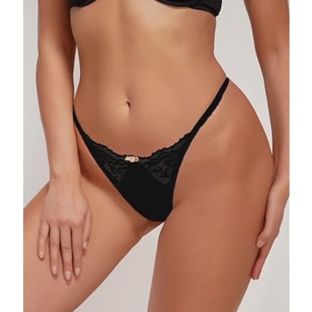 Women's Glitter Lace Low Rise Thongs Underwear Panty Solid Black Lace - Picture 4 of 6